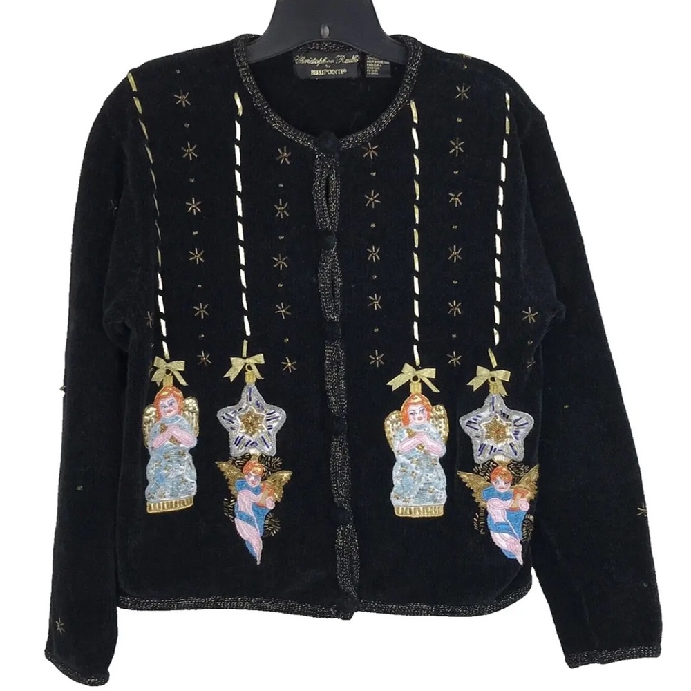 Christopher Radko BellPointe Womens Ugly Christmas Sweater M Black Beaded Angels